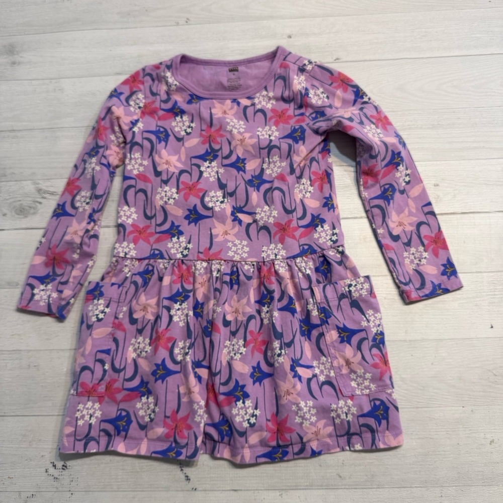 Tea Collection girls cotton purple long sleeve floral dress size 5
